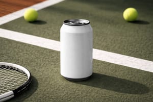 Aluminum Can Mockup on Tennis Court Refreshment Branding Scene