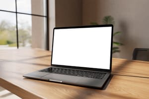 Wooden Table Laptop Display Mockup Scene