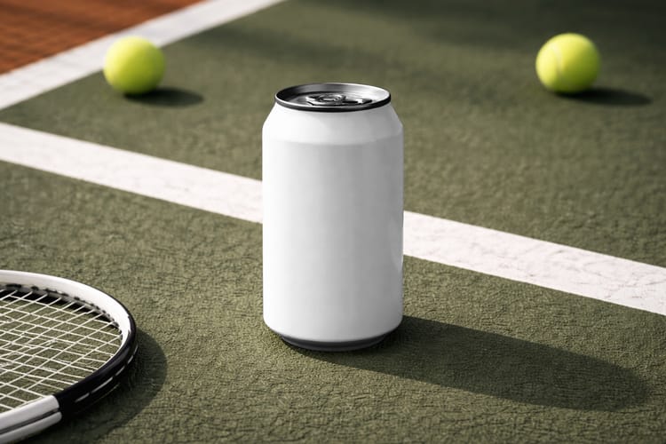 Aluminum Can Mockup on Tennis Court Refreshment Branding Scene