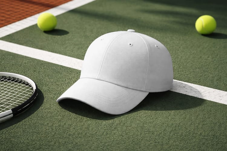 Baseball Cap Mockup on Tennis Court Sport Branding Scene