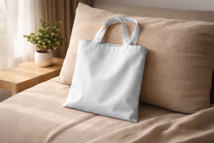 Canvas Tote Bag Mockup on Sofa Natural Lifestyle Branding Scene