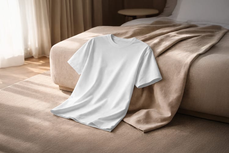 Folded Fabric T-Shirt Mockup on Sofa Lifestyle Branding Setup