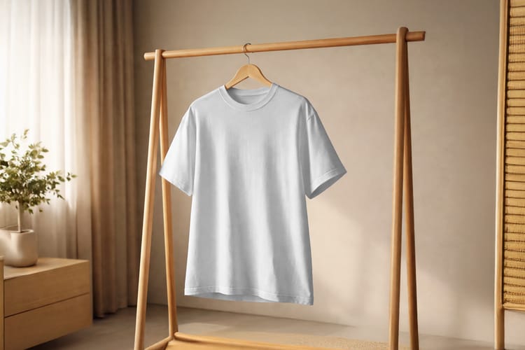Minimal Hanging T-Shirt Mockup on Wooden Rack Cozy Interior Scene